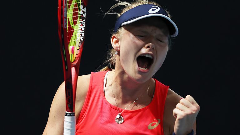Harriet Dart of Great Britain celebrates match point during her Women&#39;s Singles first round match against Misaki Doi of Japan on day two of the 2020 Australian Open at Melbourne Park on January 21, 2020 in Melbourne, Australia