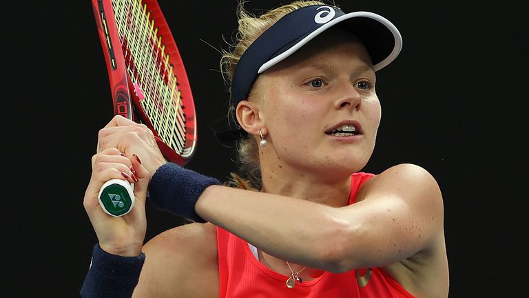 Harriet Dart of Great Britain plays a backhand during her Women's Singles second round match against Simona Halep of Romania on day four of the 2020 Australian Open at Melbourne Park on January 23, 2020 in Melbourne, Australia.