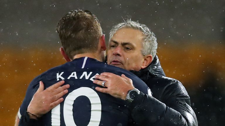 Jose Mourinho manager / head coach of Tottenham Hotspur embraces Harry Kane of Tottenham Hotspur during the Premier League match between Wolverhampton Wanderers and Tottenham Hotspur at Molineux on December 15, 2019 in Wolverhampton, United Kingdom.