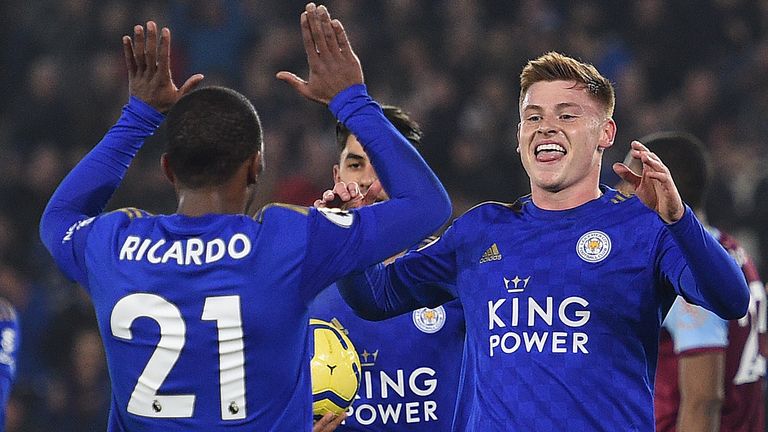 Harvey Barnes celebrates his goal with Ricardo Pereira