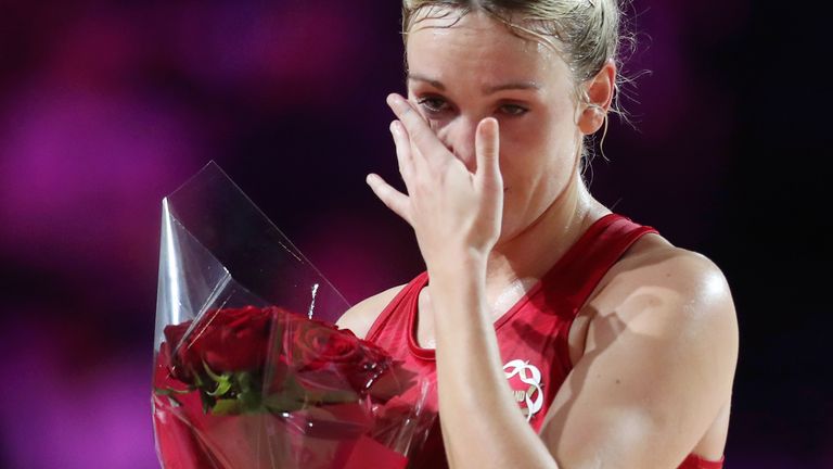 Natalie Haythornthwaite of England reacts after receiving roses for her 50th International Cap during the Vitality Netball Nations Cup 2020 match between Vitality Roses and South Africa SPAR Proteas at Copper Box Arena