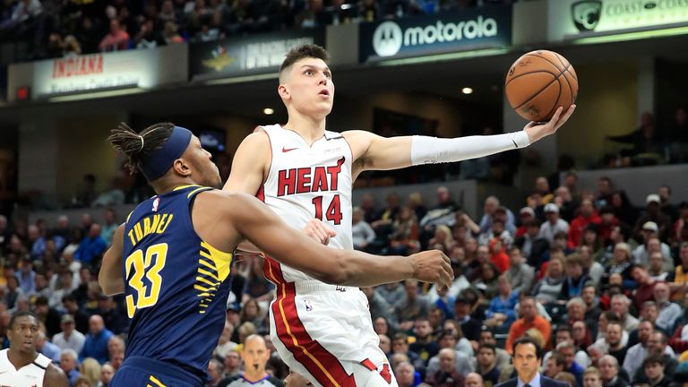 Tyler Herro #14 of the Miami Heat shoots the ball against the Indiana Pacers at Bankers Life Fieldhouse on January 08, 2020 in Indianapolis, Indiana. 