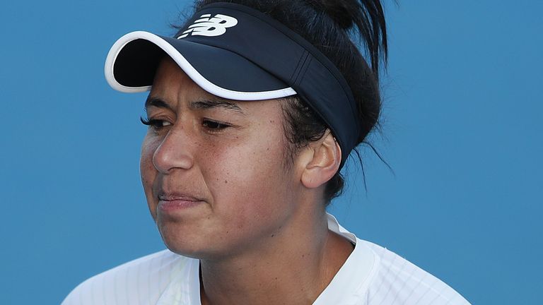 Heather Watson of Great Britain reacts after losing a point during her semi final singles match against Elena Rybakina of Kazakhstan during day seven of the 2020 Hobart International at Domain Tennis Centre on January 17, 2020 in Hobart, Australia