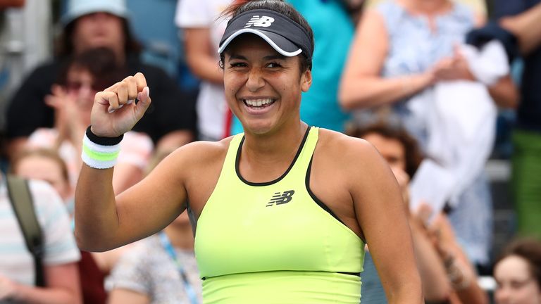 Heather Watson of Great Britain celebrates after winning match point during her Women's Singles first round match against Karolina Pliskova of Czech Republic on day three of the 2020 Australian Open at Melbourne Park on January 22, 2020 in Melbourne, Australia.