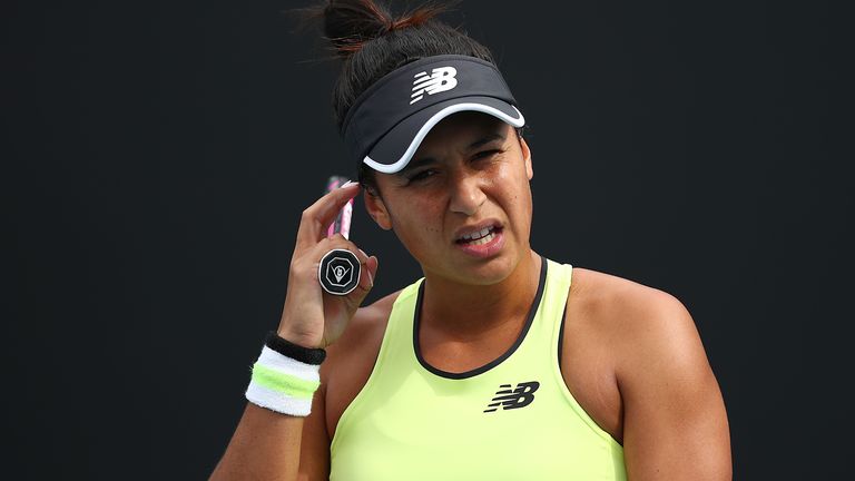 Heather Watson of Great Britain reacts during her Women's Singles second round match against Elise Mertens of Belgium on day four of the 2020 Australian Open at Melbourne Park on January 23, 2020 in Melbourne, Australia.