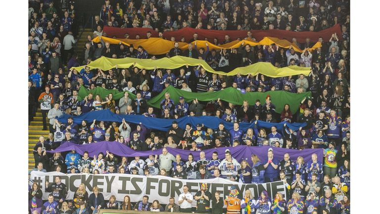 'Hockey Is For Everyone' rainbow flags, Glasgow Clan fans in Nottingham, April 2019 (David Williams)