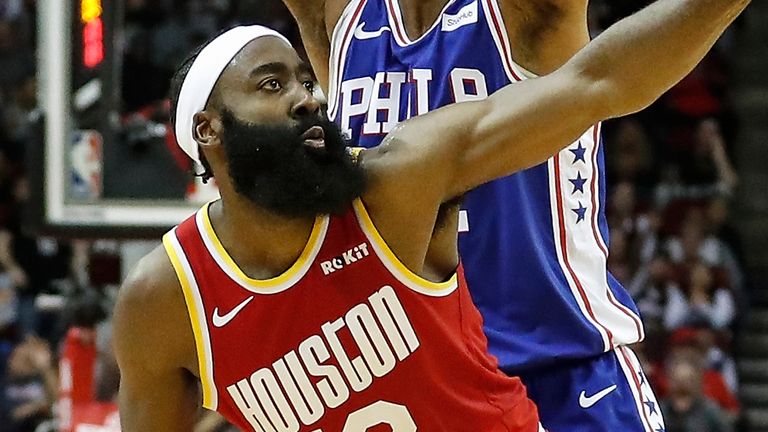 James Harden watches on after getting a shot away against the Sixers