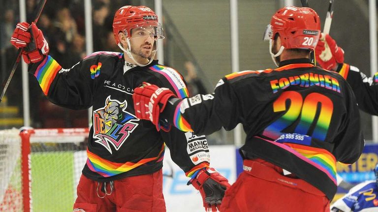 Cardiff Devils in rainbow pride jerseys, vs Coventry Blaze, EIHL, February 2019 (Dean Woolley)