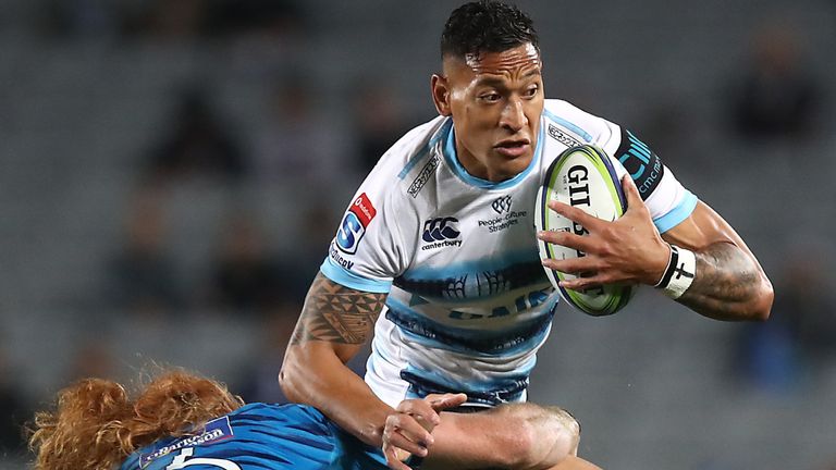 Israel Folau of the Waratahs in action during the round 8 Super Rugby match against the Blues at Eden Park on April 06, 2019