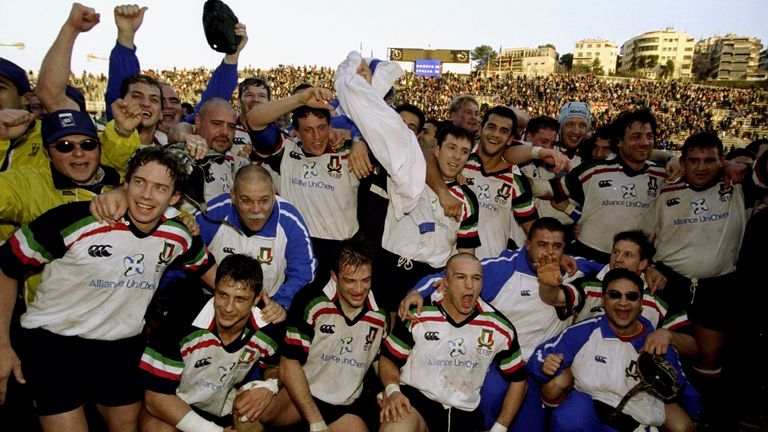 Italy celebrate victory over Scotland after their Six Nations Championship game played at the Flaminio stadium in Rome, Italy. The game finished Italy 34 Scotland 20.