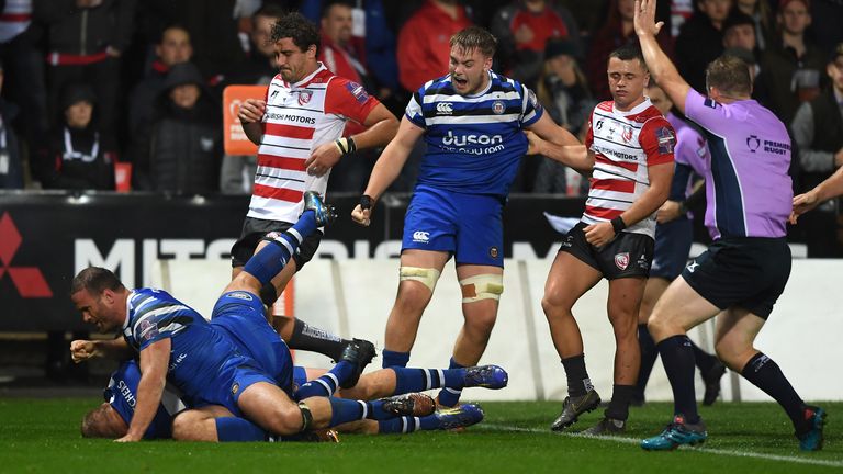 GLOUCESTER, ENGLAND - OCTOBER 11: Jack Walker (obscured) of Bath Rugby scores his sides fourth try during the Premiership Rugby Cup Fourth Round match between Gloucester Rugby and Bath Rugby at Kingsholm Stadium on October 11, 2019 in Gloucester, England. (Photo by Alex Davidson/Getty Images)