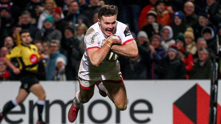 3 January 2020; Jacob Stockdale of Ulster scores his side's fifth try during the Guinness PRO14 Round 10 match between Ulster and Munster at Kingspan Stadium in Belfast. Photo by John Dickson/Sportsfile