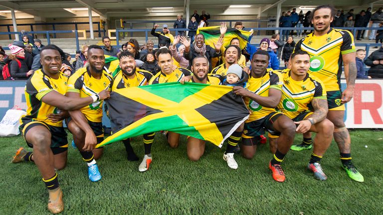 Picture by Allan McKenzie/SWpix.com - 20/10/2019 - Rugby League - Home International - England Knights v Jamaica - Emerald Headingley Stadium, Leeds, England - Jamaican players with their fans after their loss to England.