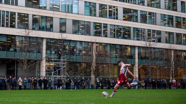 LONDON, ENGLAND - JANUARY 17: James Barran of Wigan Warriors kicks a conversion during the 2020 Capital Challenge match between London Skolars and Wigan Warriors at Honourable Artillery Company on January 17, 2020 in London, England. (Photo by Justin Setterfield/Getty Images)