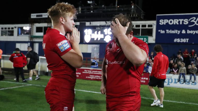 Picture by Oskar Vierod/SWpix.com - 13/09/2019 - Rugby League - Betfred Super League - Wakefield Trinity v London Broncos - The Mobile Rocket Stadium, Wakefield, England - London Broncos' Eddie Battye and James Cunningham look dejected at the end of the match 