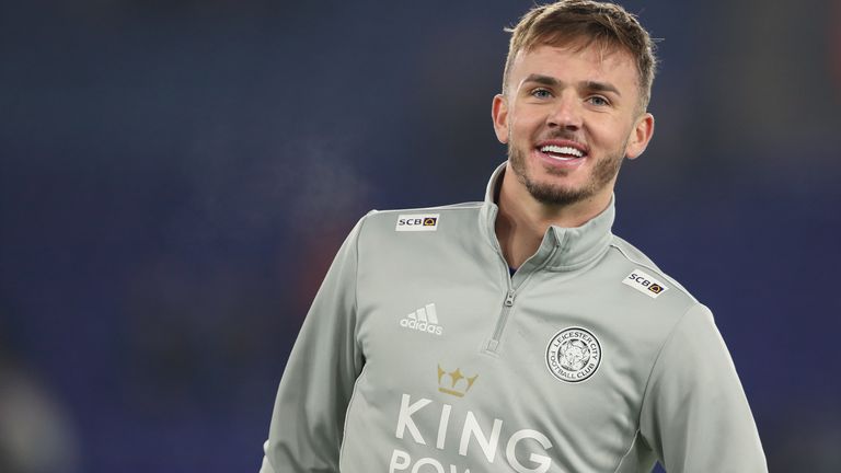James Maddison warms up prior to Leicester's match against West Ham