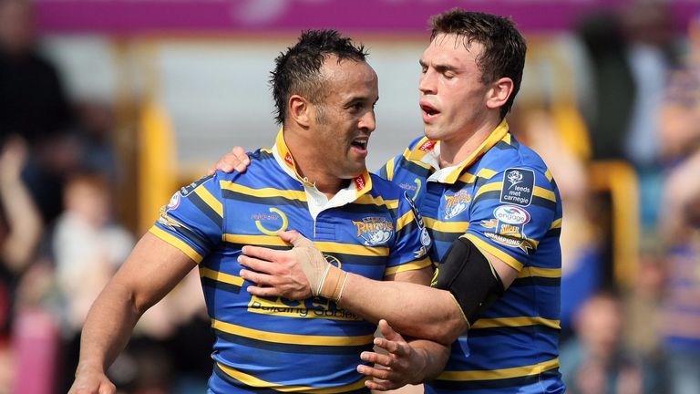 PICTURE BY VAUGHN RIDLEY/SWPIX.COM - Rugby League - Superleague - Leeds v Salford - Headingley, Leeds, England - 13/04/09...Copyright - Simon Wilkinson - 07811267706...Leeds Jamie Jones-Buchanan and Kevin Sinfield celebrate Jones-Buchanan's try.