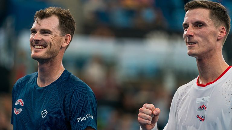 Jamie Murray and Joe Salisbury of Great Britain celebrates winning a set point during their Group C doubles match against Radu Albot and Alexander Cozbinov of Modolva during day five of the 2020 ATP Cup Group Stage at Ken Rosewall Arena on January 07, 2020 in Sydney, Australia.