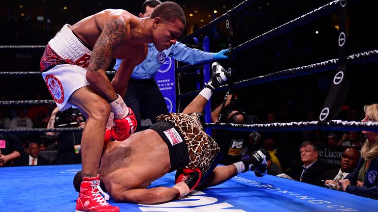 PHILADELPHIA, PA - JANUARY 18: Jeison Rosario (L) knocks down Julian Williams fight for the super welterweight world WBO, IBO and WBA titles at The Liacouras Center at Temple University on January 18, 2020 in Philadelphia, Pennsylvania. Jeison Rosario defeated defending champion Julian Williams by a fifth round stoppage. (Photo by Corey Perrine/Getty Images)