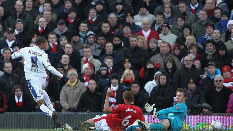 Jermaine Beckford securing a famous victory for Leeds United in the FA Cup third-round at Old Trafford. 