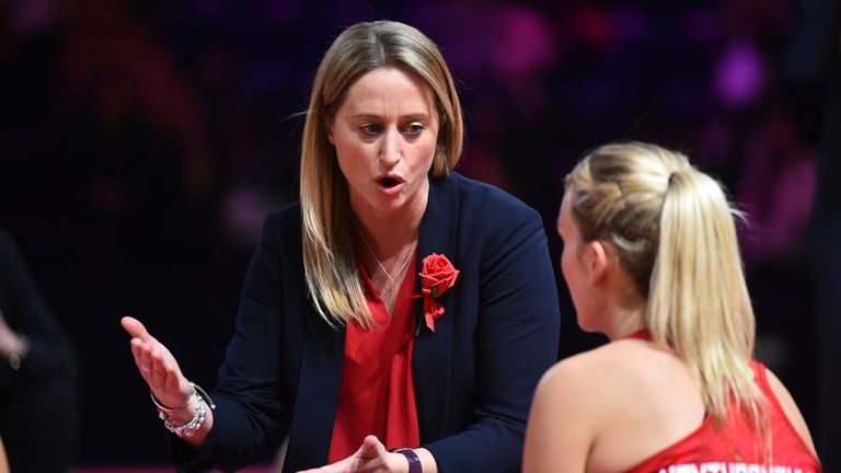 Jess Thirlby sharing a few thoughts with captain Natalie Haythornthwaite during the first match of the Vitality Nations Cup against New Zealand 