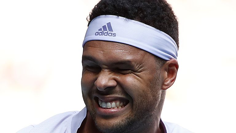 Jo-Wilfred Tsonga of France reacts during his Men's Singles first round match against Alexei Popyrin of Australia on day two of the 2020 Australian Open at Melbourne Park on January 21, 2020 in Melbourne, Australia