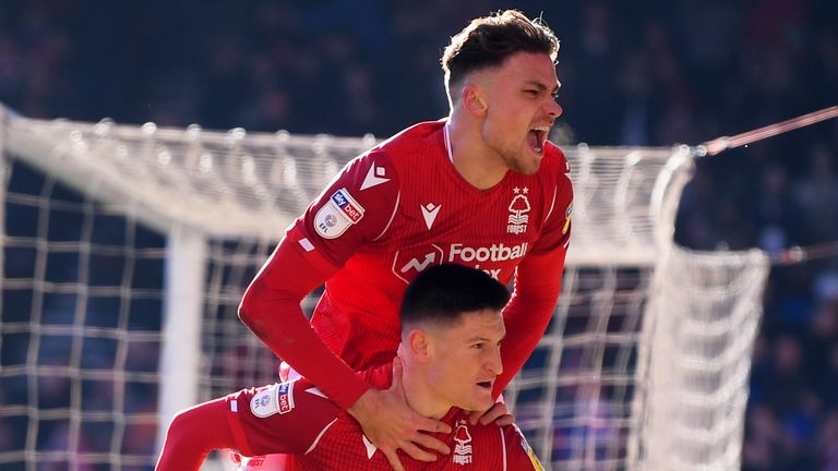 Joe Lolley celebrates with Matty Cash after scoring for Nottingham Forest against Luton