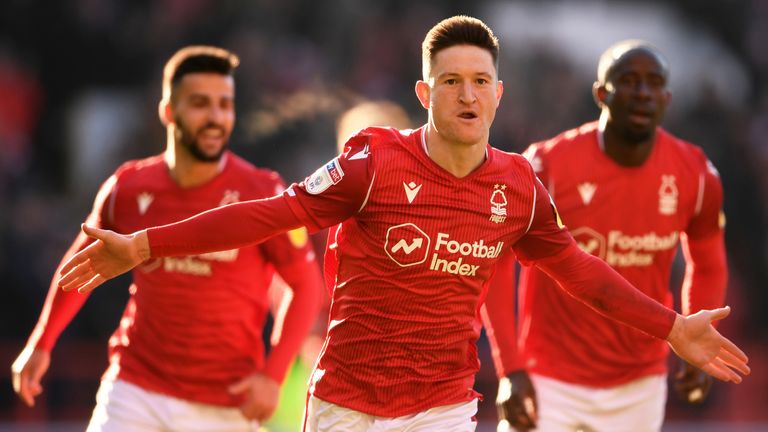 Joe Lolley celebrates scoring Nottingham Forest's second goal against Luton