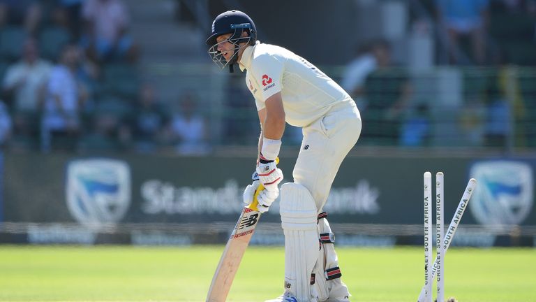 England batsman Joe Root is bowled by Kagiso Rabada during Day One of the Third Test between England and South Africa at St George&#39;s Park on January 16, 2020 in Port Elizabeth, South Africa.