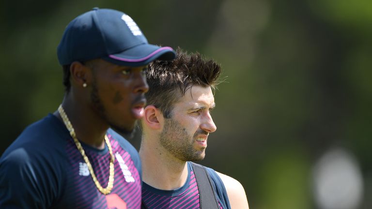 England bowlers Mark Wood (r) and Jofra Archer look on during England nets at St George's Park on January 13, 2020 in Port Elizabeth, South Africa