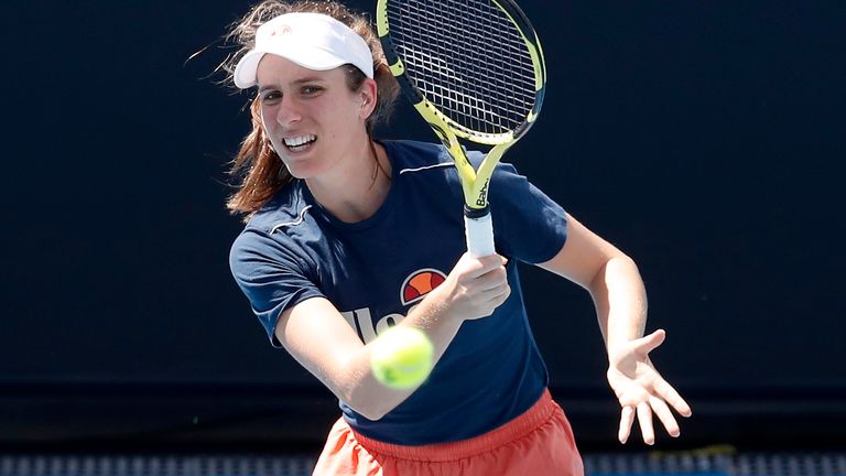 Johanna Konta of Great Britain practices ahead of the 2020 Australian Open at Melbourne Park on January 12, 2020 in Melbourne, Australia