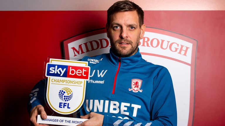 Jonathan Woodgate of Middlesbrough wins the Sky Bet Championship Manager of the Month award for December 2019 - Mandatory by-line: Robbie Stephenson/JMP - 08/01/2020 - FOOTBALL - Rockliffe Park - Darlington, England - Sky Bet Manager of the Month Award