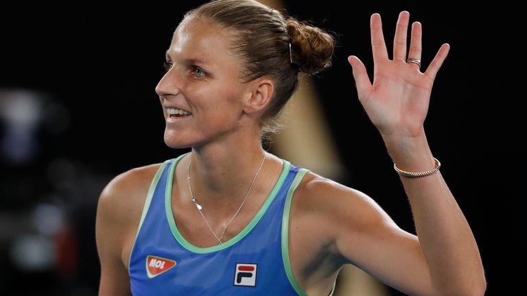 Karolina Pliskova of the Czech Republic celebrates after winning match point in her Women's Singles second round match against Laura Siegemund of Germany on day four of the 2020 Australian Open at Melbourne Park on January 23, 2020 in Melbourne, Australia