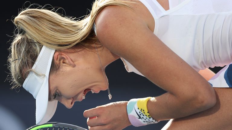 Katie Boulter of Great Britain reacts during her Women's Singles first round match against Elina Svitolina of Ukraine on day two of the 2020 Australian Open at Melbourne Park on January 21, 2020 in Melbourne, Australia