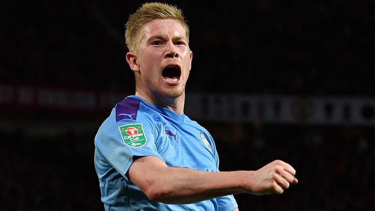 Manchester City's Belgian midfielder Kevin De Bruyne celebrates scoring his team's third goal during the English League Cup semi-final first leg football match between Manchester United and Manchester City at Old Trafford in Manchester, north west England on January 7, 2020.