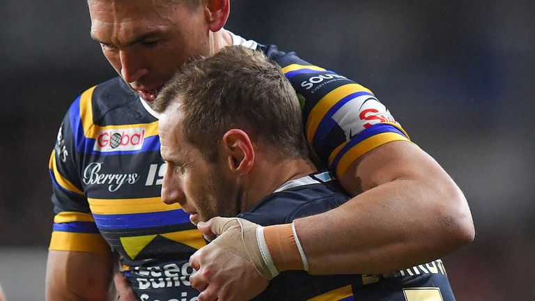 Kevin Sinfield hugs Rob Burrow during emotional day at Headlingley