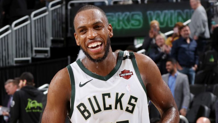 Khris Middleton celebrates after scoring a career-high 51 points