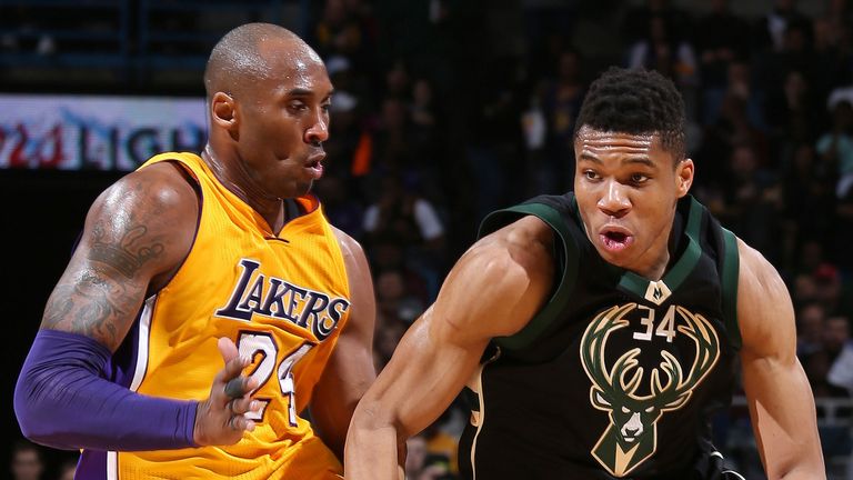 Kobe Bryant attempts to guard a driving Giannis Antetokounmpo