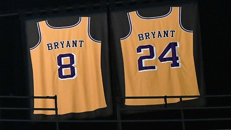 Kobe Bryant&#39;s retired No 8 and No 24 jerseys hang in Staples Center