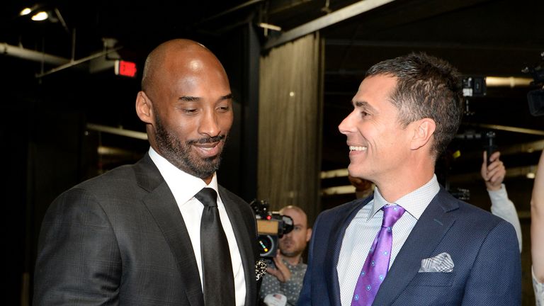 Kobe Bryant and Rob Pelinka greet before the game between the Golden State Warriors and the Los Angeles Lakers on December 18, 2017 at STAPLES Center in Los Angeles, California.