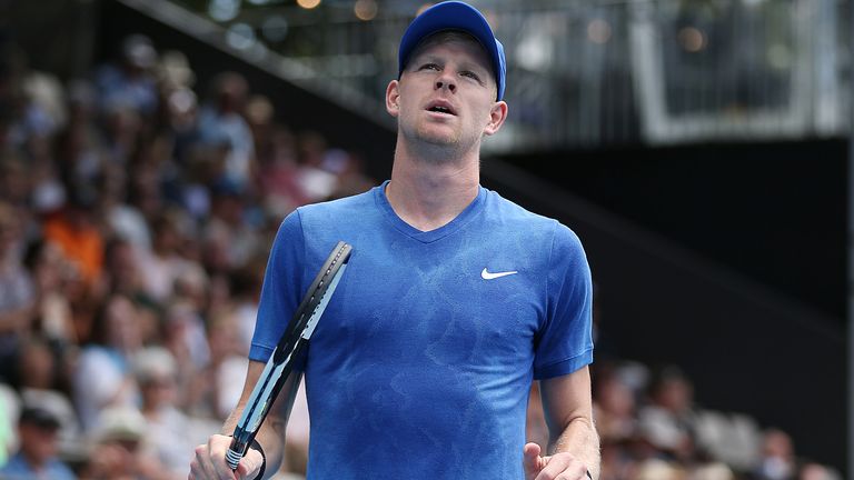 Kyle Edmund of Great Britain plays a forehand against John Isner of USA during their quarter final match on day four of the 2020 ASB Classic at ASB Tennis Centre on January 16, 2020 in Auckland, New Zealand.