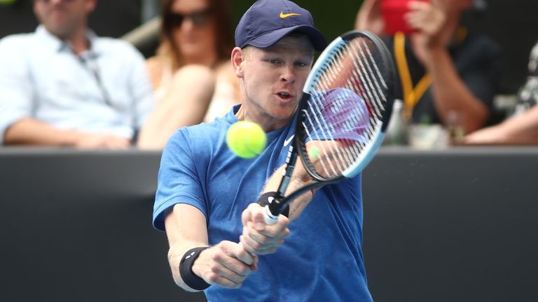 Kyle Edmund of Great Britain plays a backhand during his singles game against Alejandro Davidovich Fokina of Spain during day two of the 2020 Men's ASB Classic at ASB Tennis Centre on January 14, 2020 in Auckland, New Zealand.