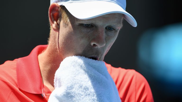 Britain's Kyle Edmund reacts after a point against Serbia's Dusan Lajovic during their men's singles match on day two of the Australian Open tennis tournament in Melbourne on January 21, 2020.