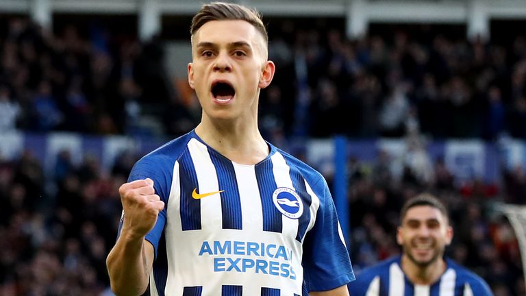 Leandro Trossard celebrates his goal against Villa