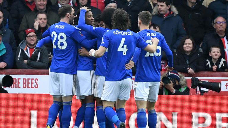 Leicester celebrate taking the lead at Brentford