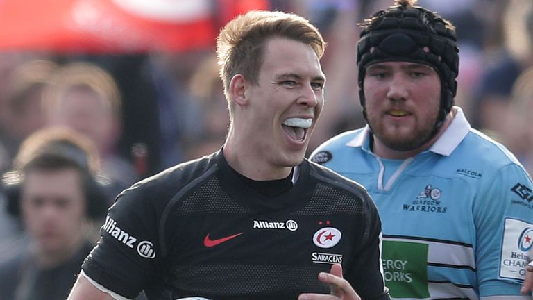 Saracens' Liam Williams celebrates scoring another try during the European Champions Cup quarter final match at Allianz Park, London. PRESS ASSOCIATION Photo. Picture date: Saturday March 30, 2019. See PA story RUGBYU Saracens. Photo credit should read: Adam Davy/PA Wire. RESTRICTIONS: Editorial use only. No commercial use.