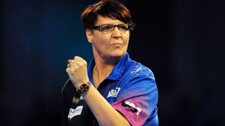 Lisa Ashton of England reacts during her match against Jan Dekker of the Netherlands during Day One of the 2019 William Hill World Darts Championship at Alexandra Palace on December 13, 2018 in London, United Kingdom.