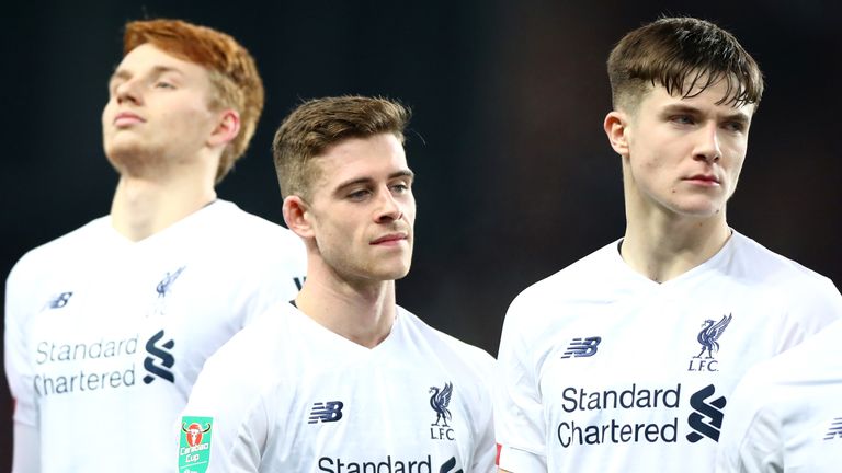 Sepp van den Berg, Tony Gallagher and Morgan Boyes line up prior to Liverpool's Carabao Cup, Quarter Final at Villa Park in Decemeber 2019