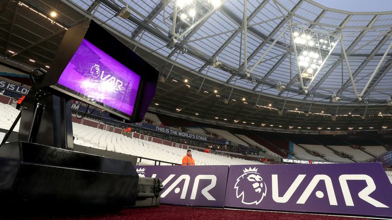 A general view of the VAR pitchside monitor at London Stadium