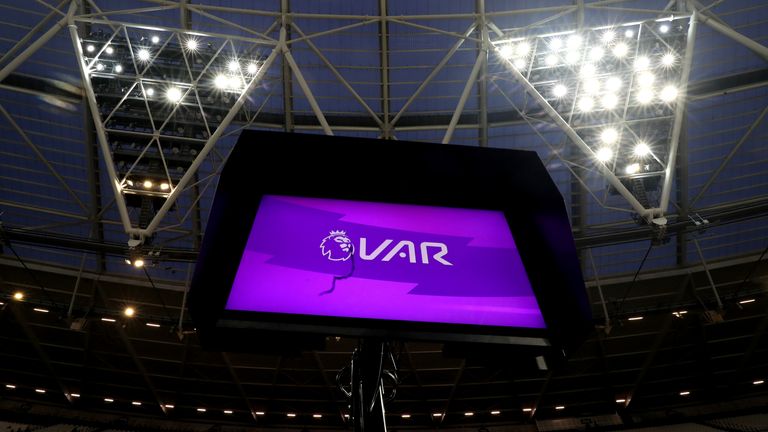 A general view of the VAR pitchside monitor at London Stadium